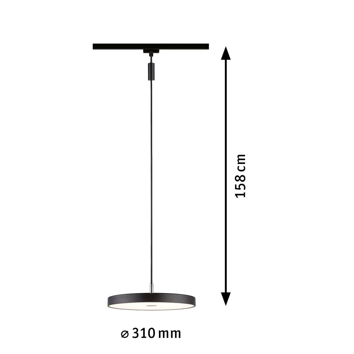 Sort pendel, rund form med en diameter på 310 mm. Den samlede længde fra loft til lampe er 158 cm.
