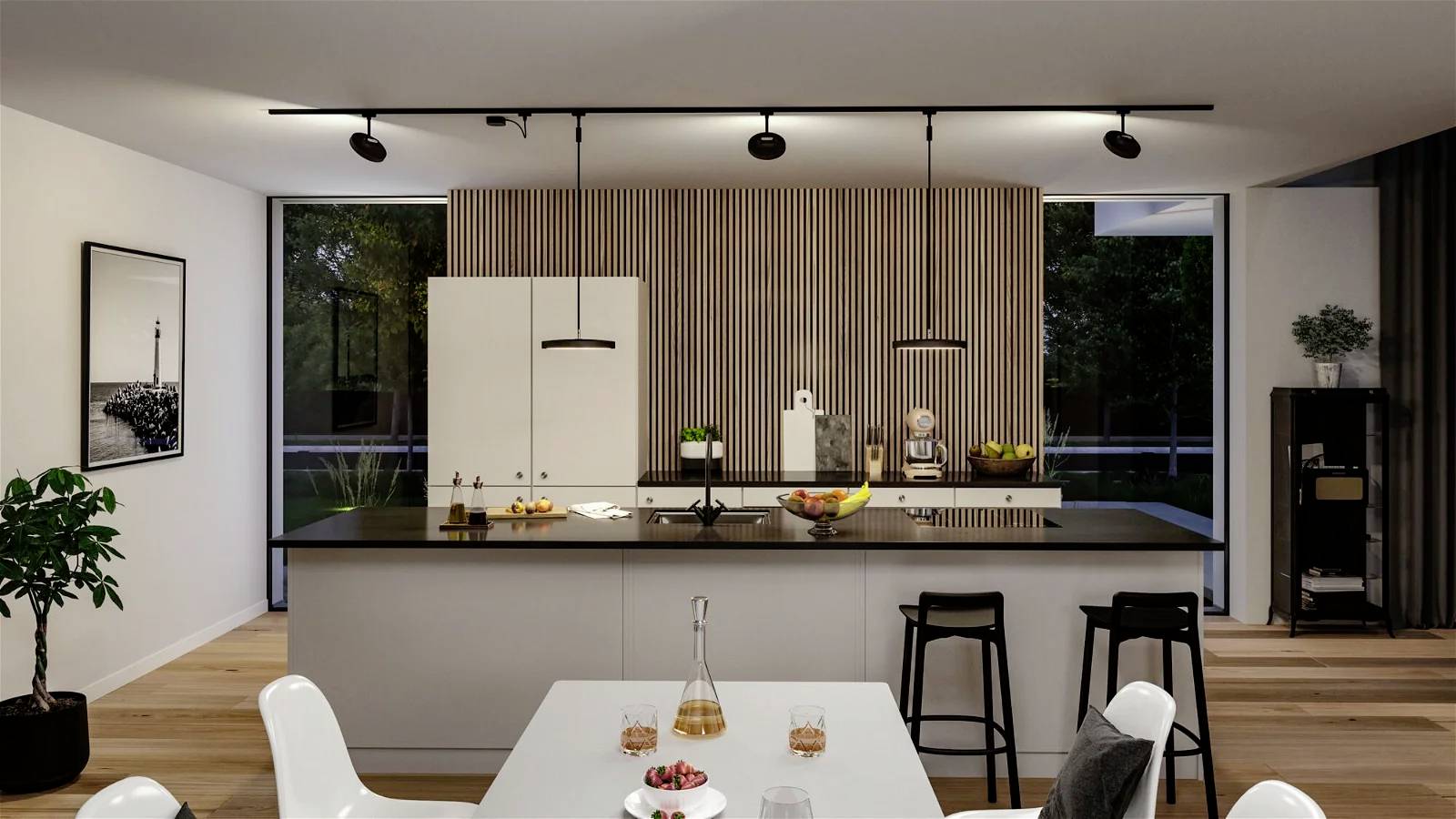 Moderne køkken med et stort køkkenø i midten, sorte bordplader og barstole. Lyse vægge, planter og store vinduer.