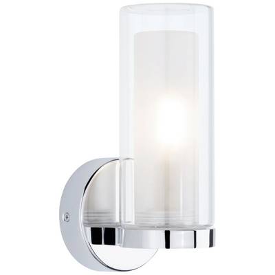Væglampe med cylindrisk, gennemsigtigt glas og kromblank sokkel, som lyser kraftigt op.