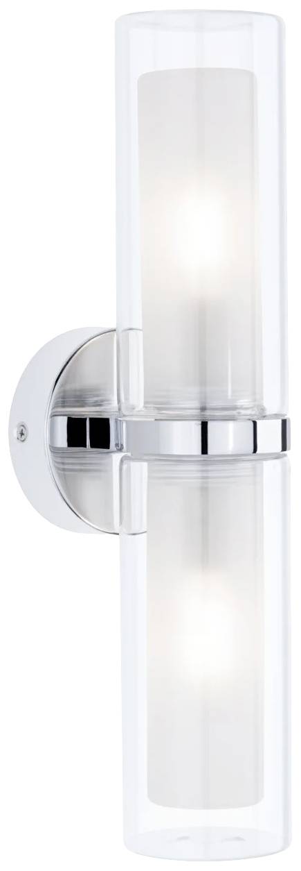 Cylinderformet væglampe med to lyskilder, klar glas og sølvfarvet holder, som lyser blødt og jævnt.