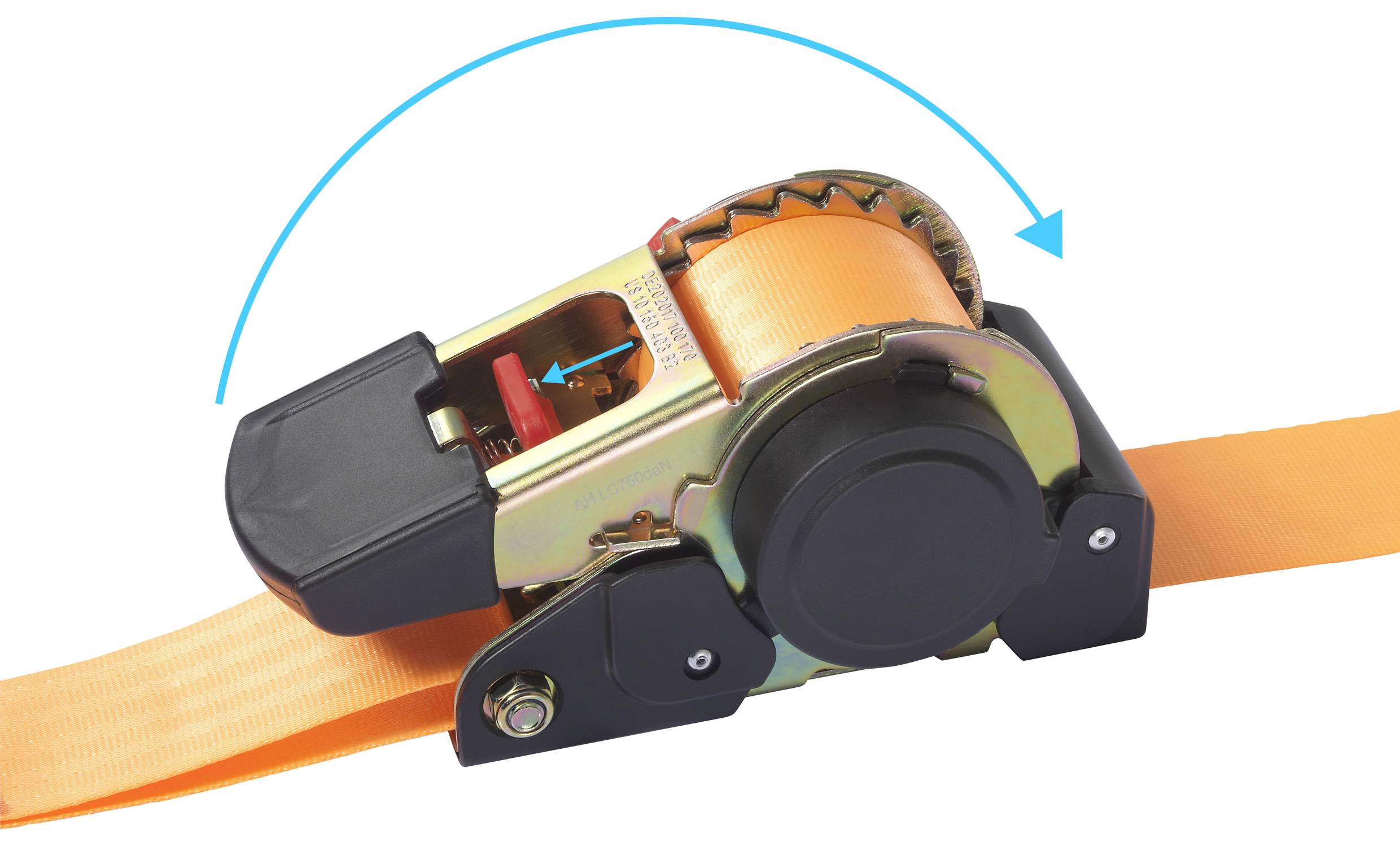 'Orange spændestrop med spærreløfteanordning' viser en spændestrop, der strammes ved hjælp af en spærreløfteanordning. En pil angiver spænderetningen.