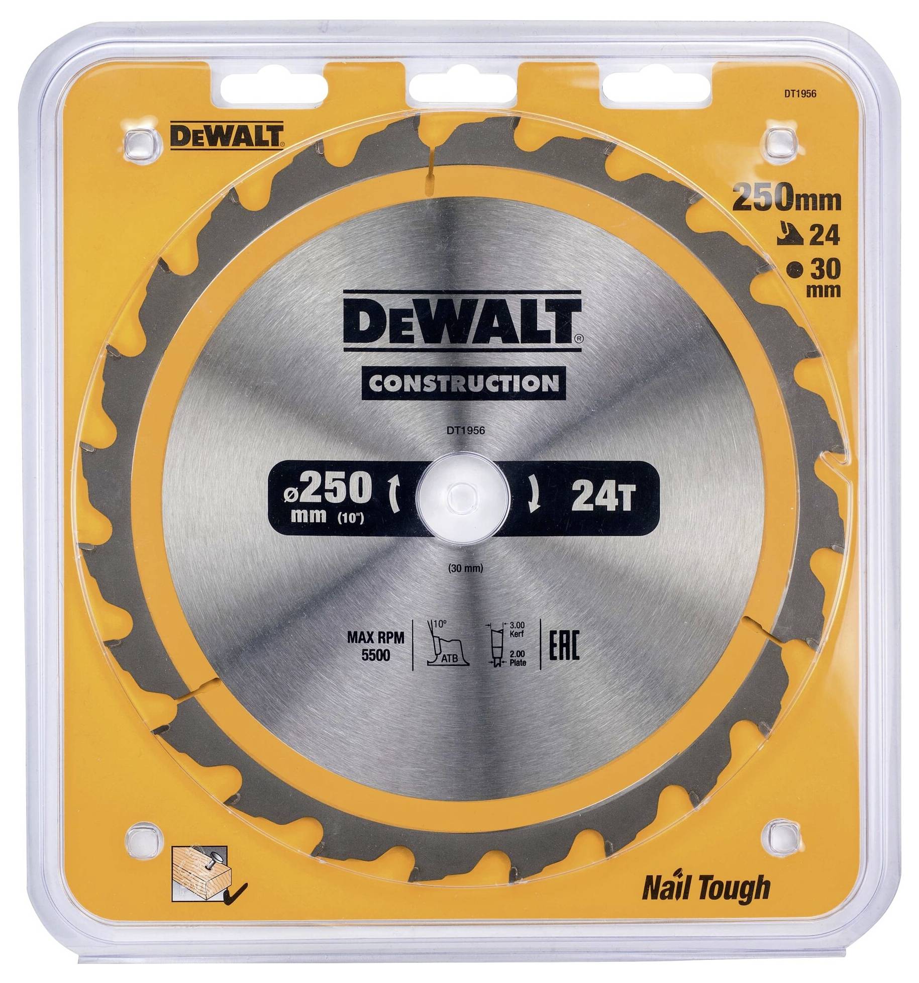 Rundsavsklinge 250 mm, 24 tænder, DeWalt mærke, velegnet til træbehandling, i originalemballage, fremhæver holdbarhed og præcision.