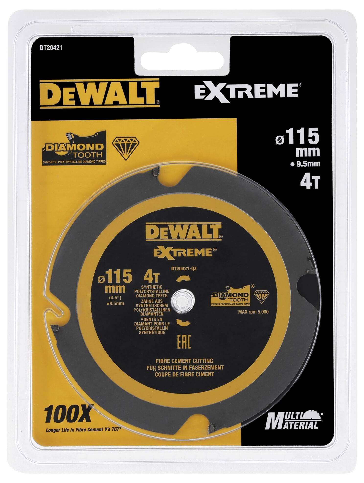 'DEWALT Extreme 115 mm savklinge til fibercement, 4 tænder, Diamanttand-teknologi for længere levetid, egnet til flere materialer.'
