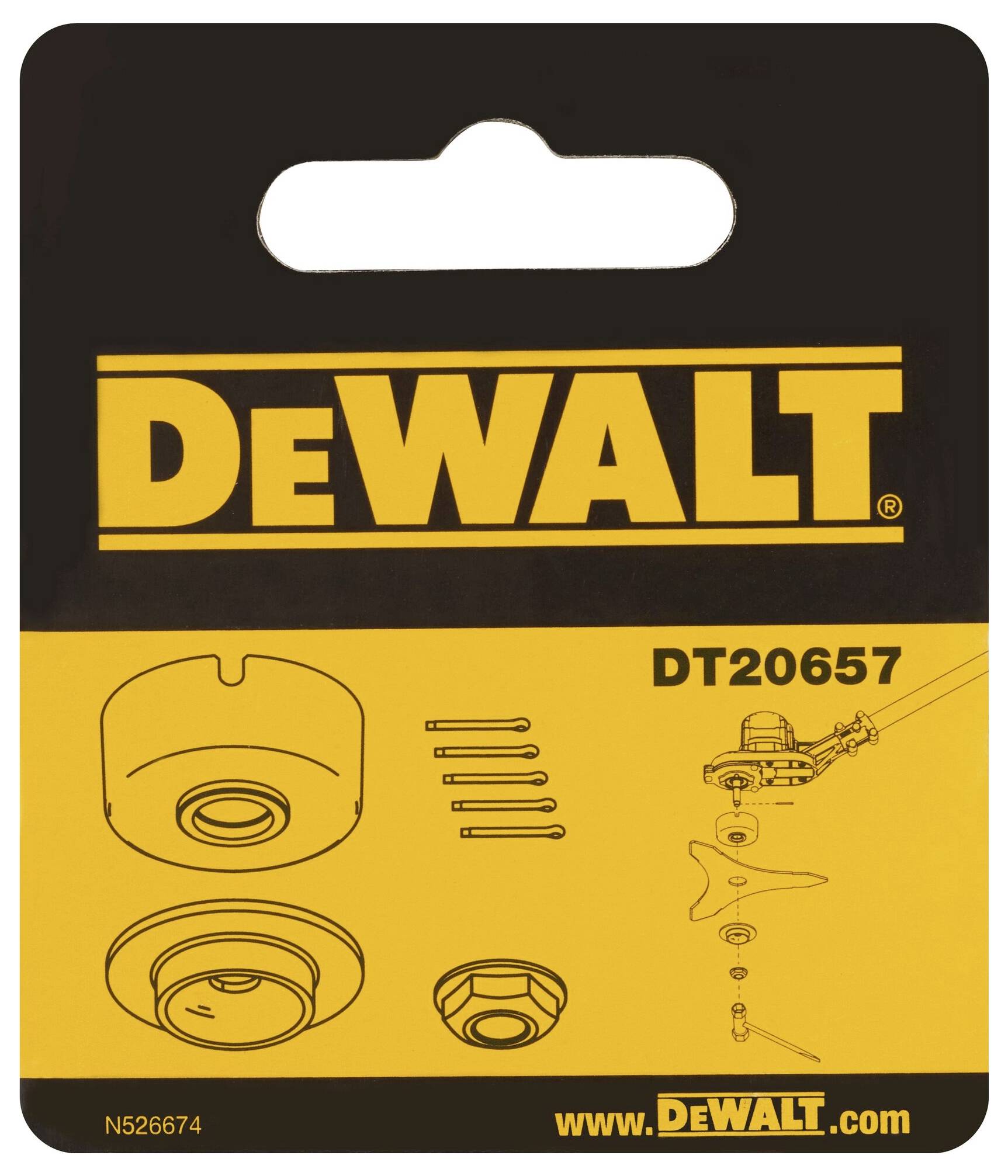 Emballageillustration fra DeWALT med modelnummer DT20657. Viser reservedele og værktøjer til elektrisk håndværktøj.