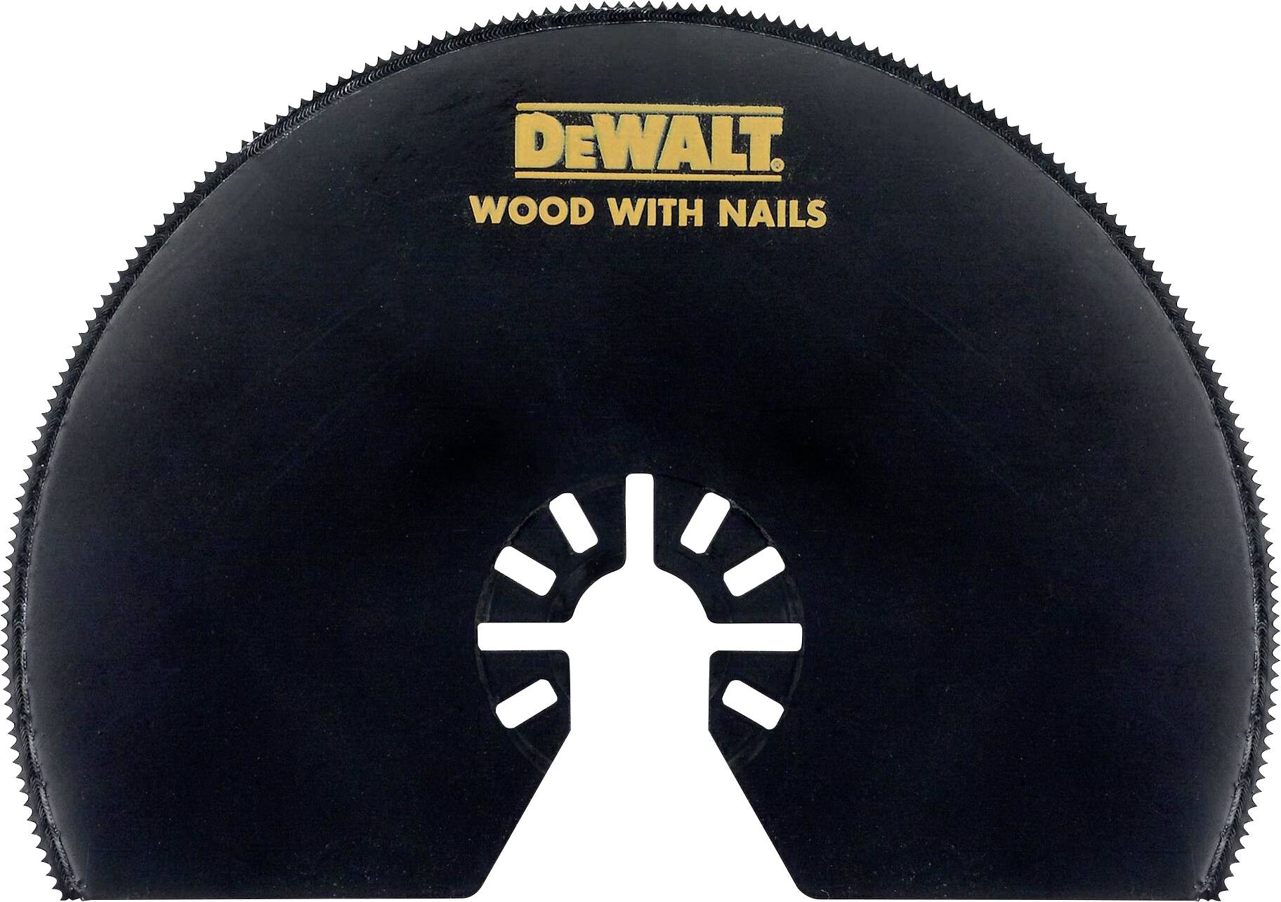 Sort savklinge med gul påskrift 'DEWALT WOOD WITH NAILS', egnet til at skære træ med søm.