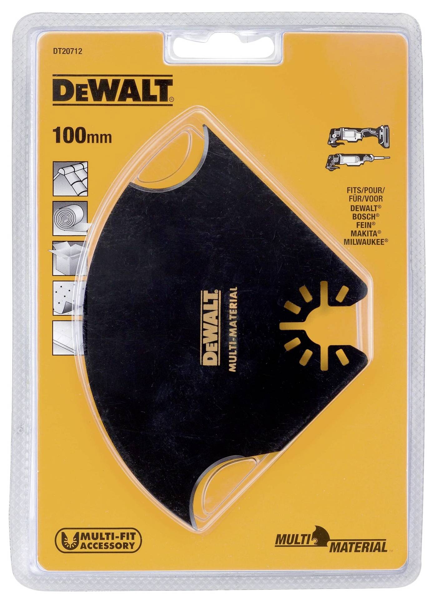 'DEWALT savklinge til multiværktøjer, 100mm, kompatibel med DEWALT, Bosch, Makita, Milwaukee. Egnet til brug på forskellige materialer.'