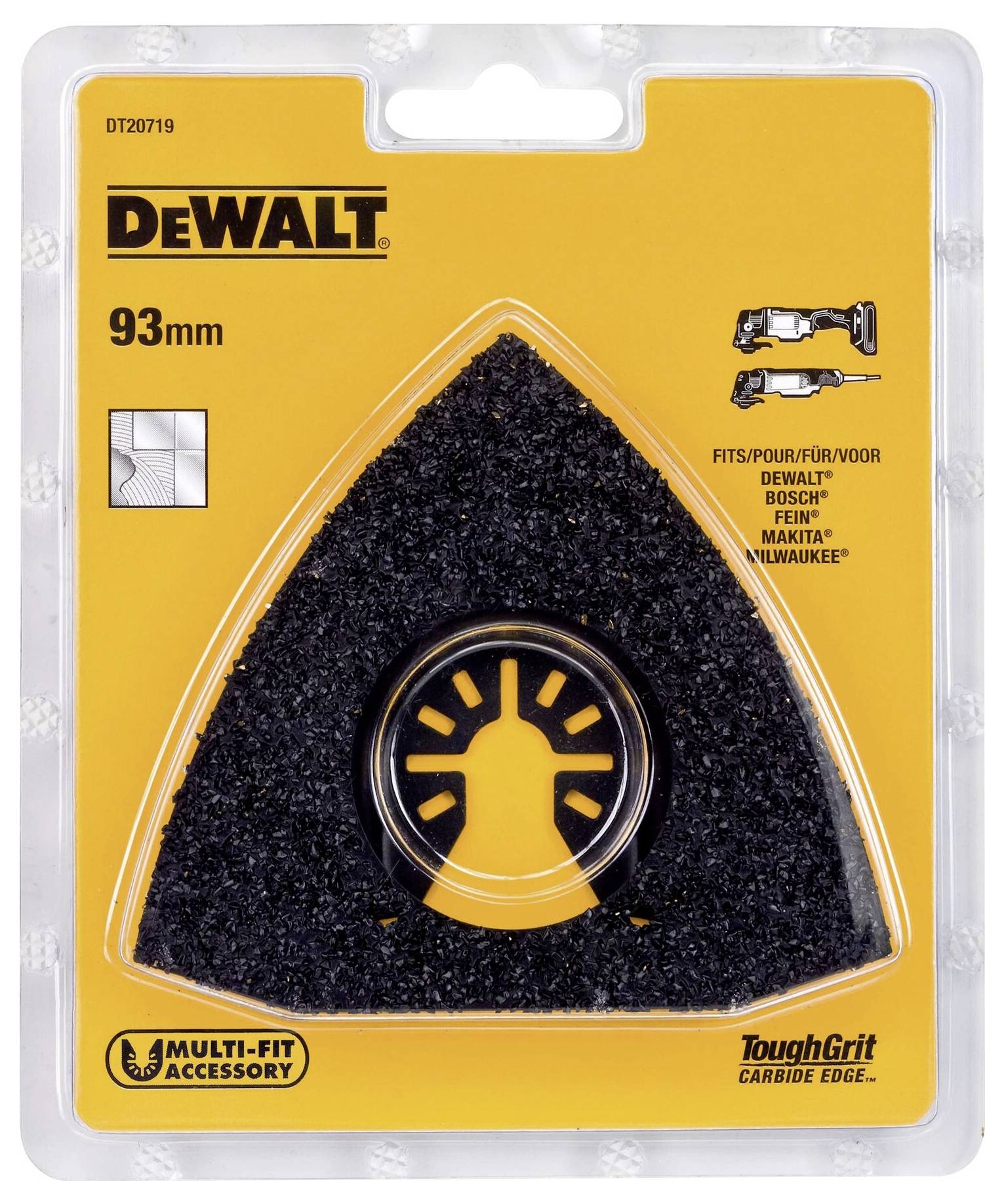 Trekantet slibepapir-pad fra DeWalt, 93 mm, egnet til multi-fit tilbehør til forskellige værktøjer, forsiden af emballagen.