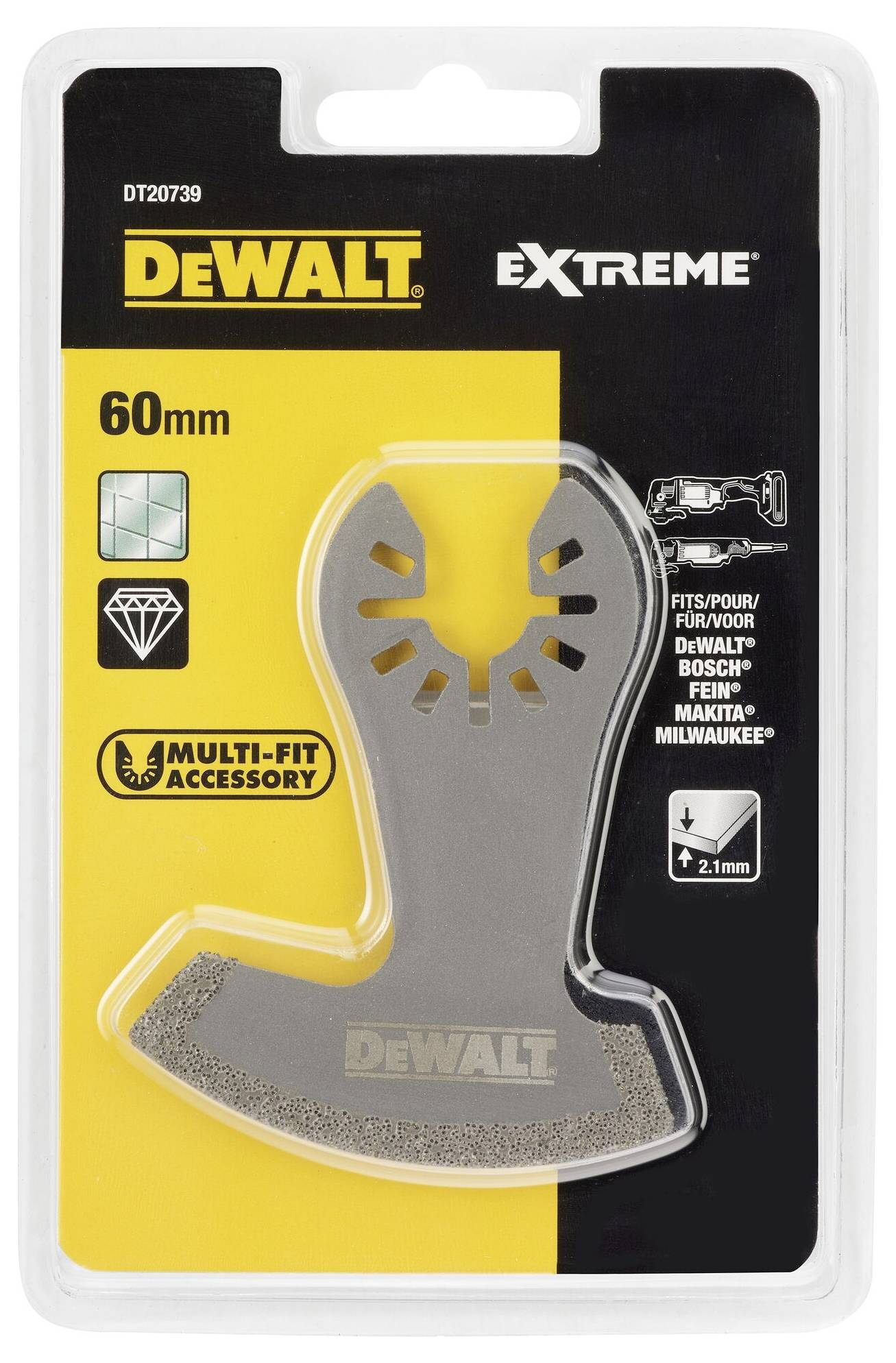 Emballage til et 60 mm DeWalt Extreme savblad til forskellige værktøjer. Kompatibel med flere mærker. Gul baggrund.