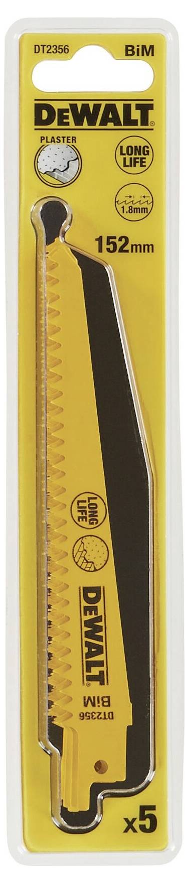 Emballage til 152 mm Dewalt stiksavklinge, indeholder 5 klinger, holdbar, egnet til universal brug.