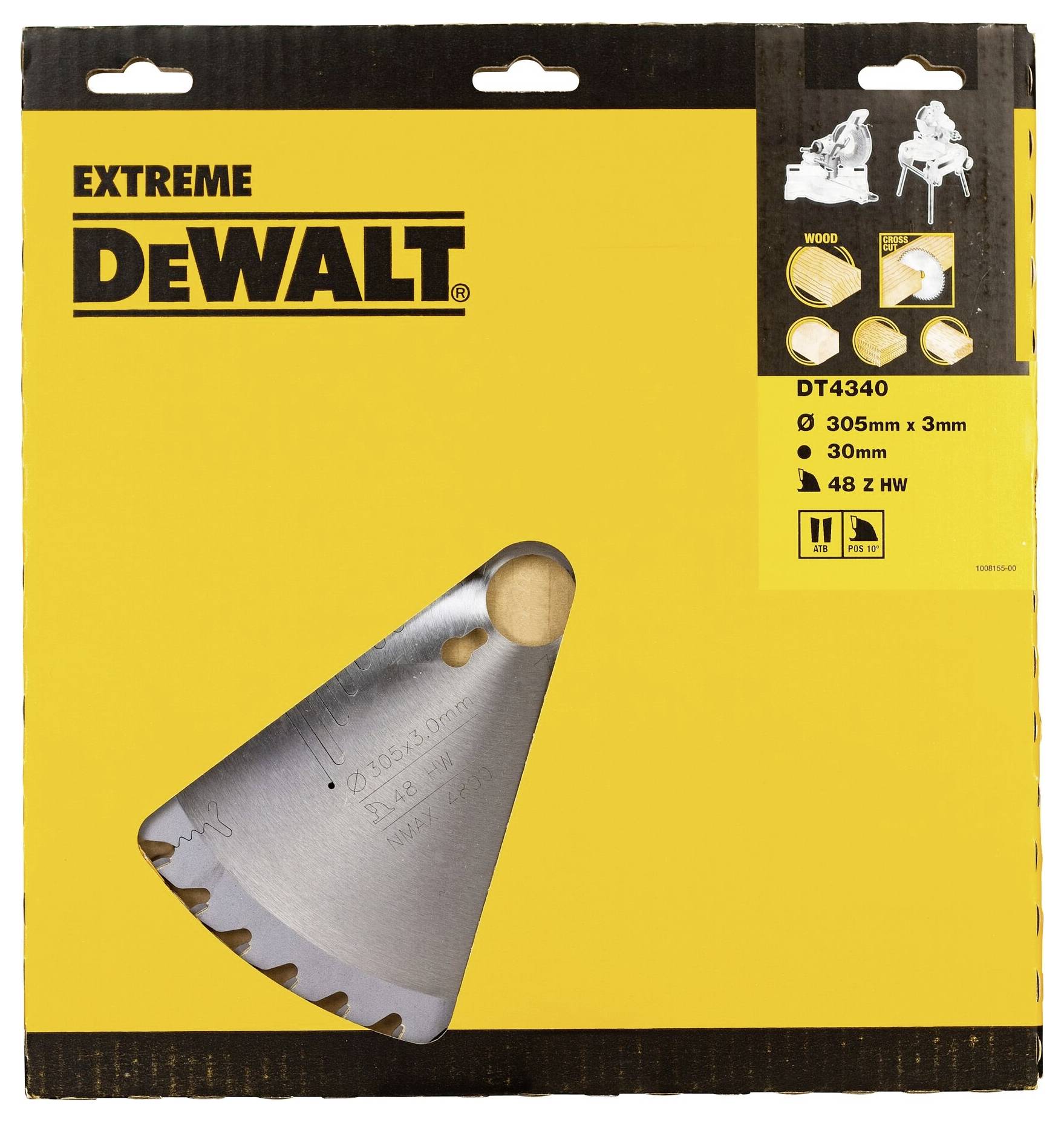 Emballage til DeWalt rundsavsklinge 'Extreme', model DT4340, egnet til træ, 305 mm diameter, 30 mm centerboring, 48 tænder.
