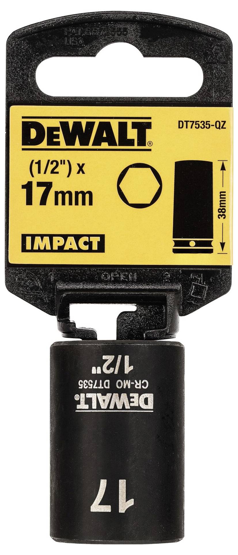 'DeWalt 17 mm topnøgle, 1/2 tomme drev, IMPACT model DT7535-QZ. Sort farve, 38 mm lang, sekskantform.'
