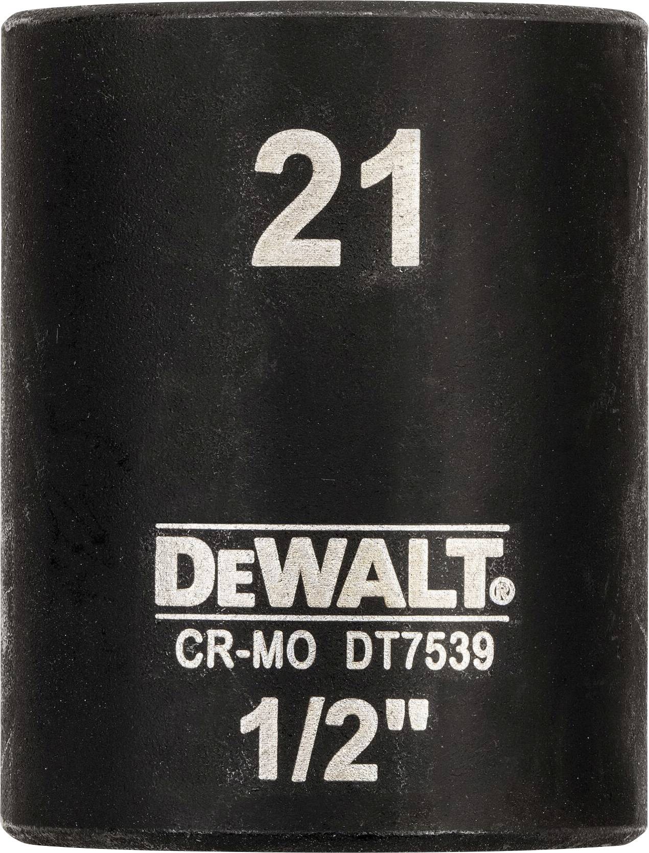 Sort nød med påskriften '21', 'DEWALT', 'CR-MO DT7539', '1/2"' i hvid. Værktøj til mekaniske anvendelser.