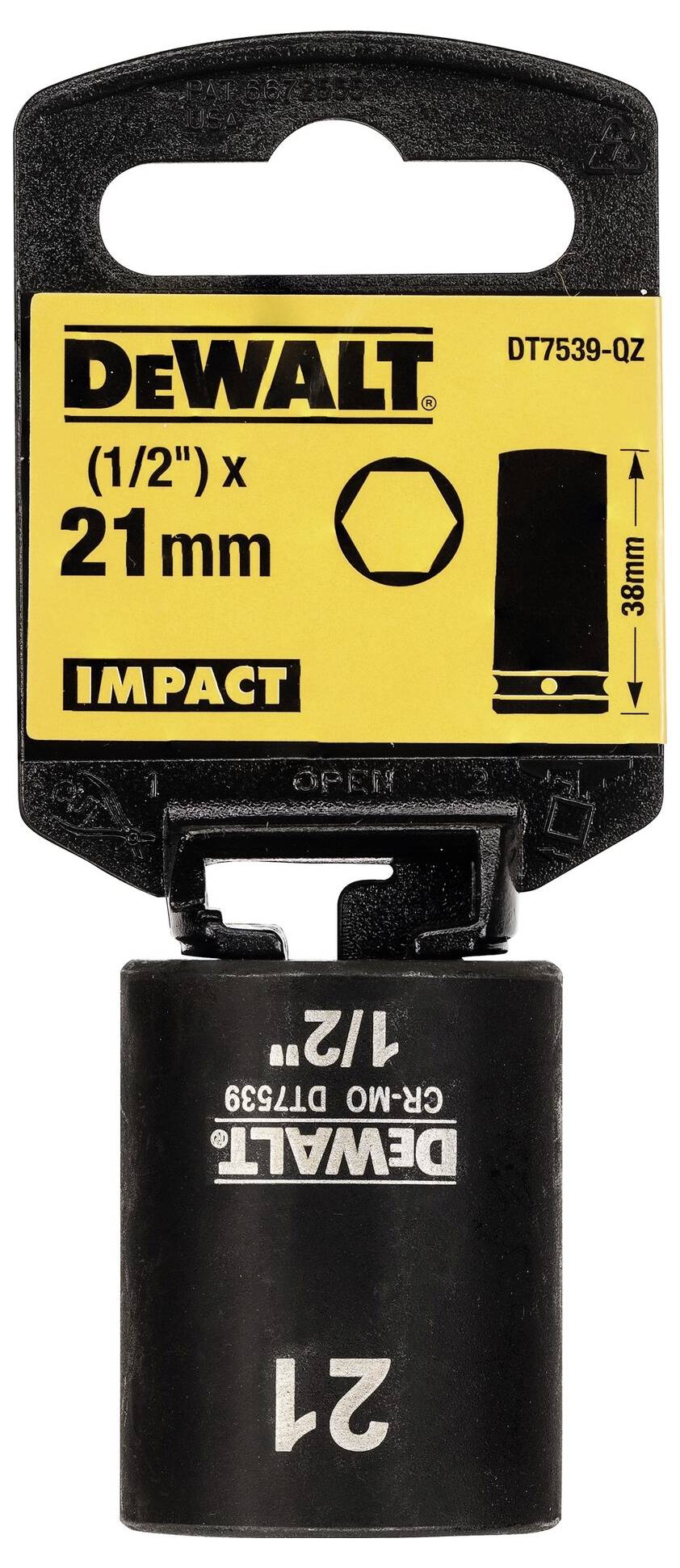 DEWALT SLAGTOP (1/2") x 21 mm, sort, til kraftfulde anvendelser, længde 38 mm, varenummer DT7539-QZ.