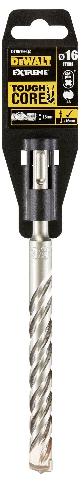 Boremaskine fra DeWalt med 'TOUGH CORE' mærkning, 16 mm diameter, egnet til beton og murværk.