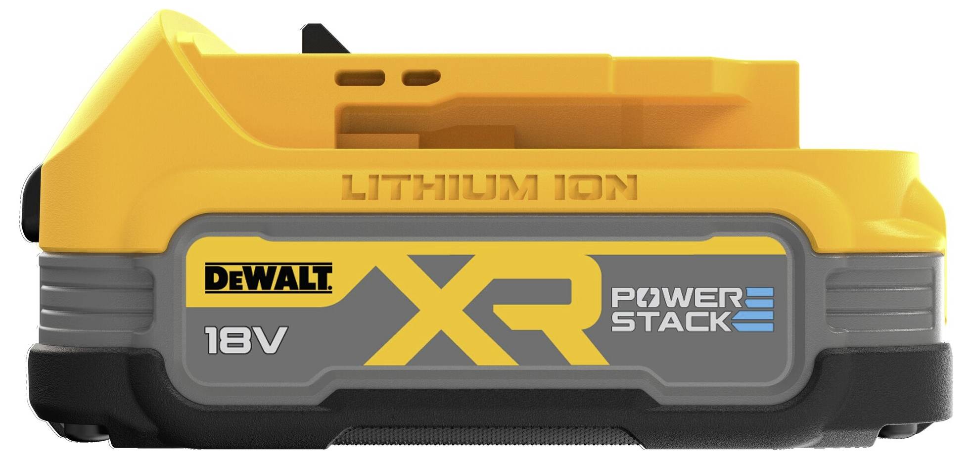'Dewalt 18V XR Powerstack' lithium-ion batteri i gul og sort. Innovativt design til forbedret ydeevne og holdbarhed.