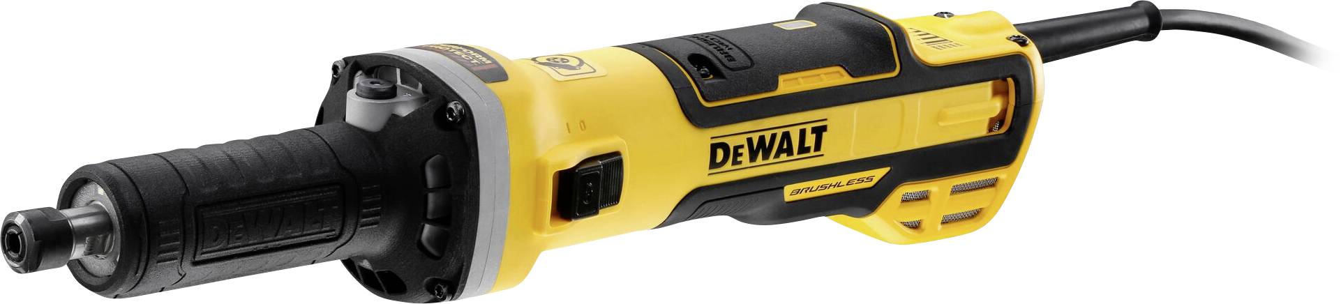 En gul, elektrisk vinkelsliber fra DEWALT med et langt sort håndtag. Bruges til slibning og skæring.