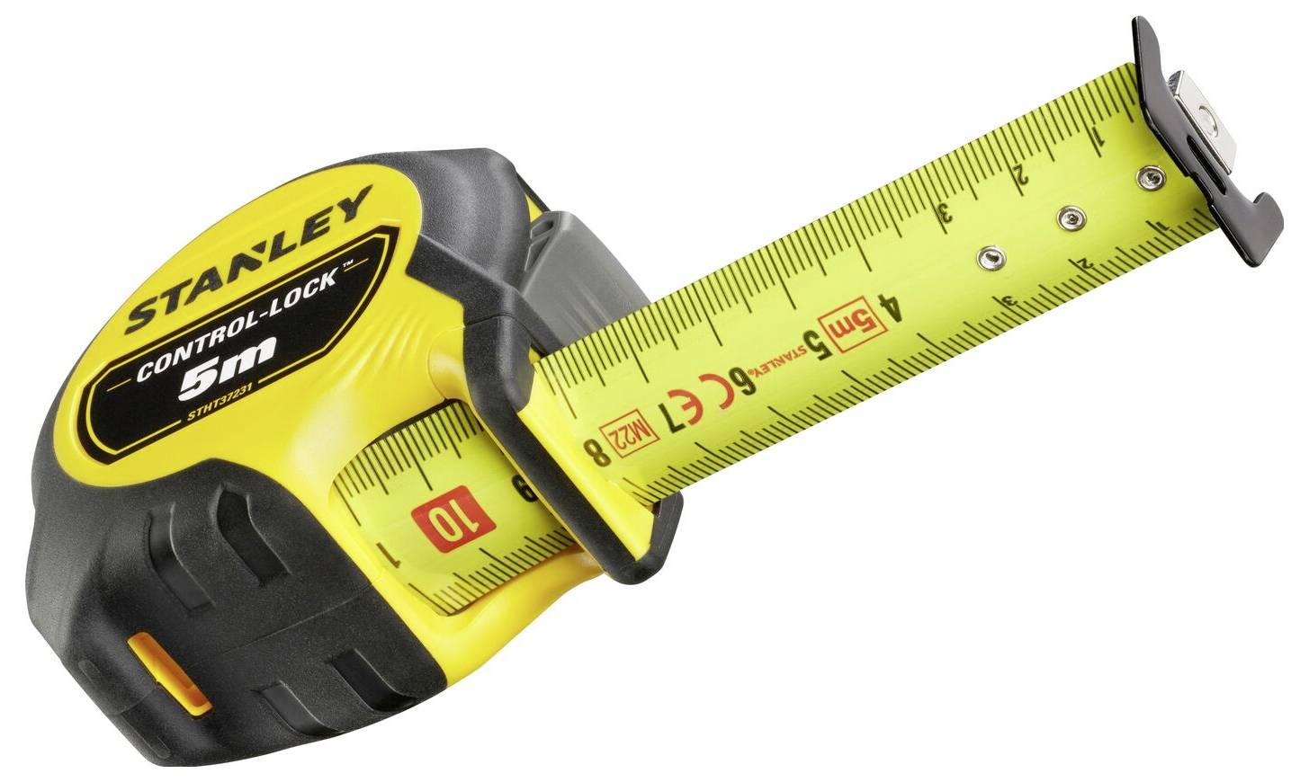 Et gult målebånd udfoldet til 10 cm fra Stanley-mærket.