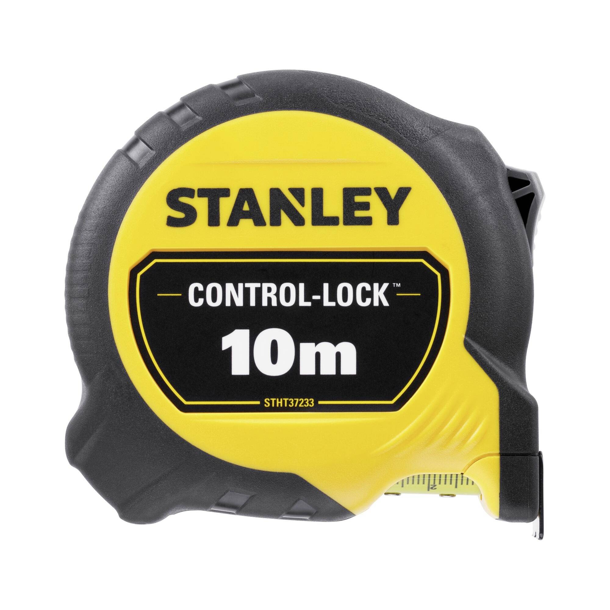 Gult og sort målebånd fra mærket Stanley med 'Control-Lock 10m'-påskrift, velegnet til præcis måling op til 10 meter.