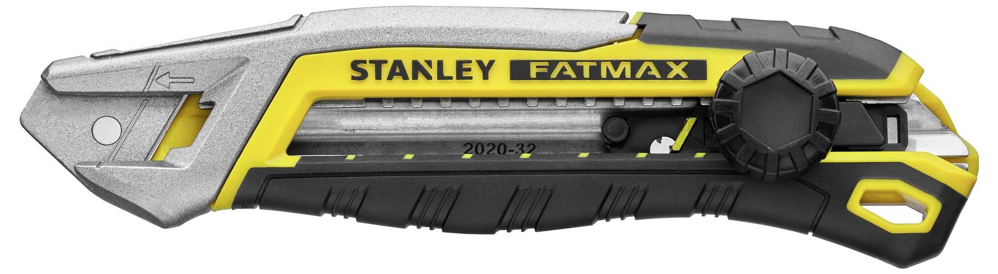 En stanlekniv med påskriften 'STANLEY FATMAX', sort-gul farvet, skarp klinge, egnet til præcise skæreopgaver.