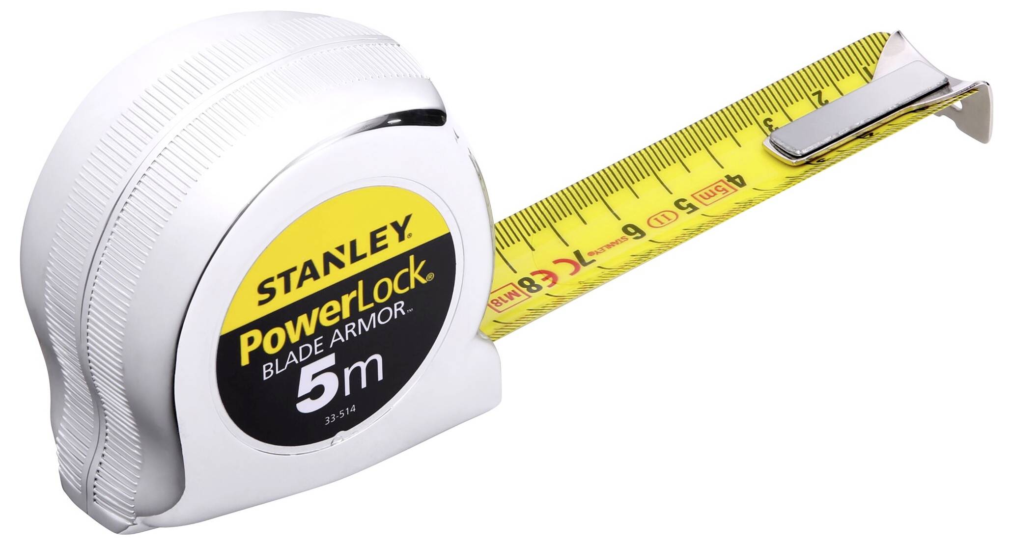 Et hvidt Stanley PowerLock målebånd med gult bånd, som er 5 meter langt.