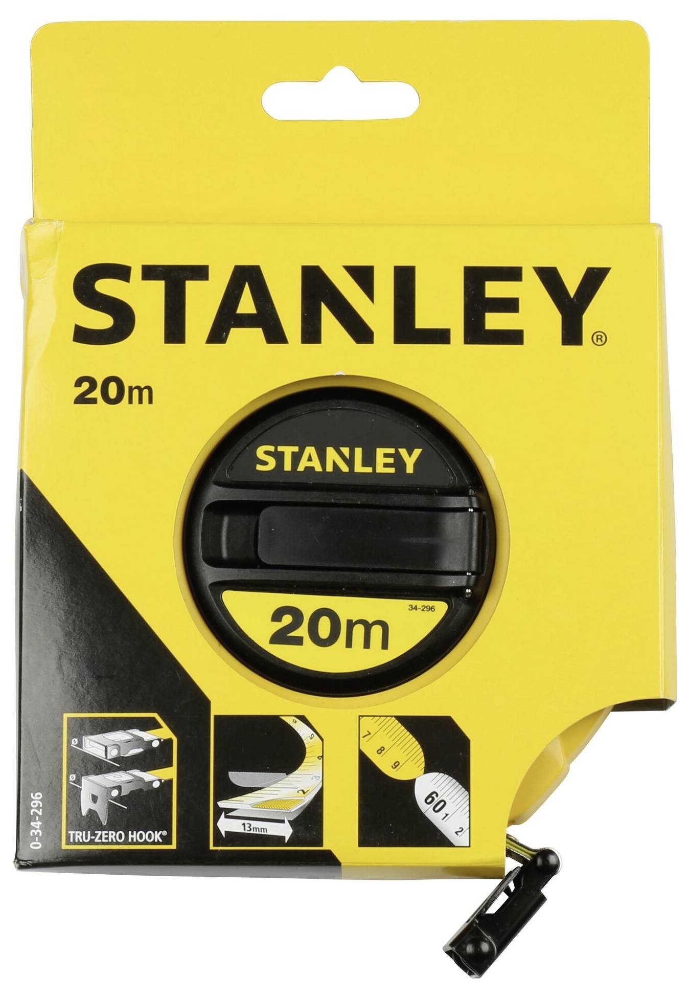 En Stanley målebåndsemballage i gul og sort med et 20-meter målebånd og påskriften 'Tru-Zero Hook'.