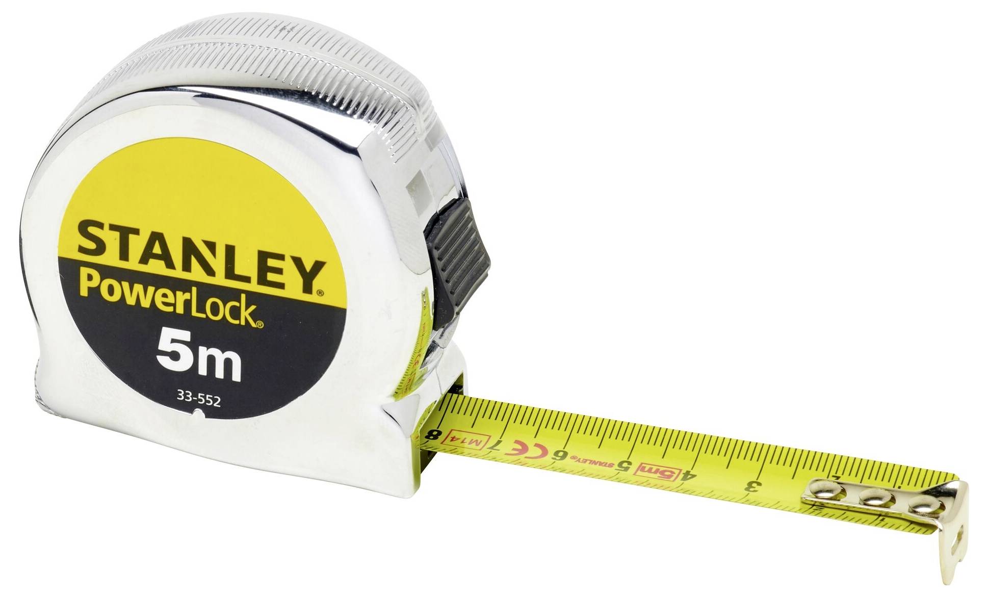 Metallic Stanley målebånd med gult 5m-bånd, delvist trukket ud, på hvid baggrund.