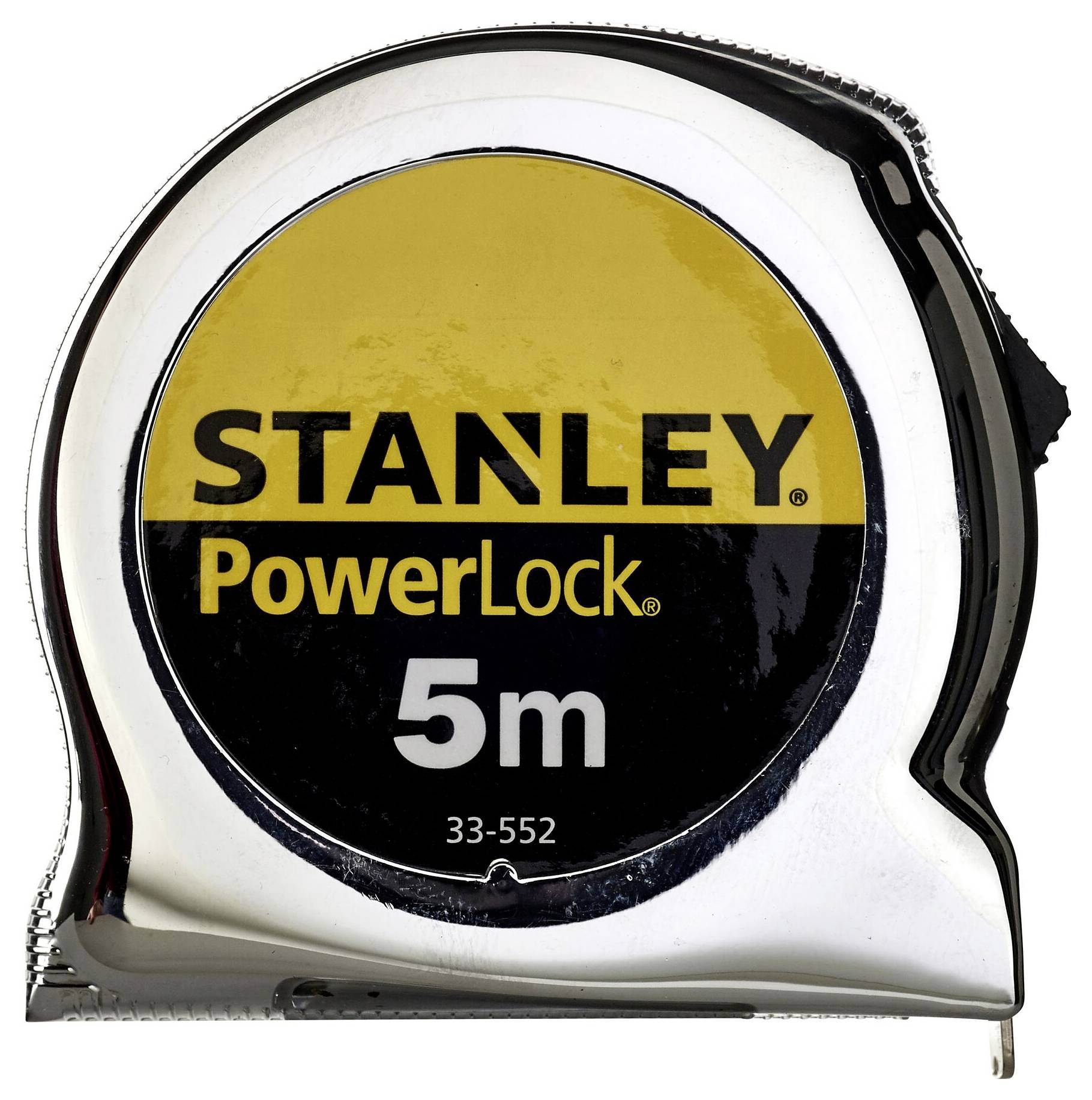 Et stålmålebånd med gult og sort etiket, hvorpå der står 'STANLEY PowerLock 5 m'.