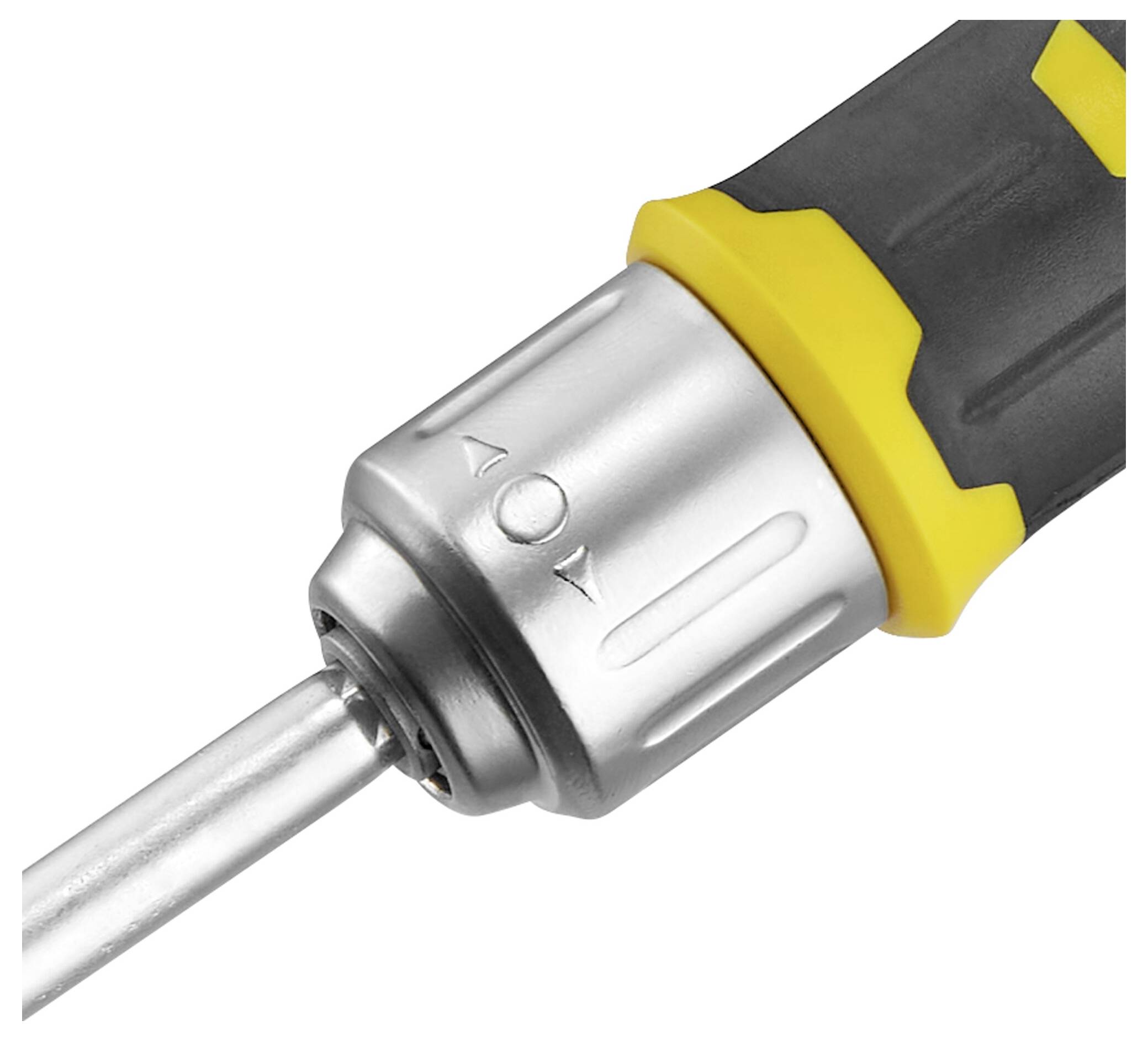 Akku-skruemaskine med gul og sort greb. Fokus er på den drejelige hoveddel.