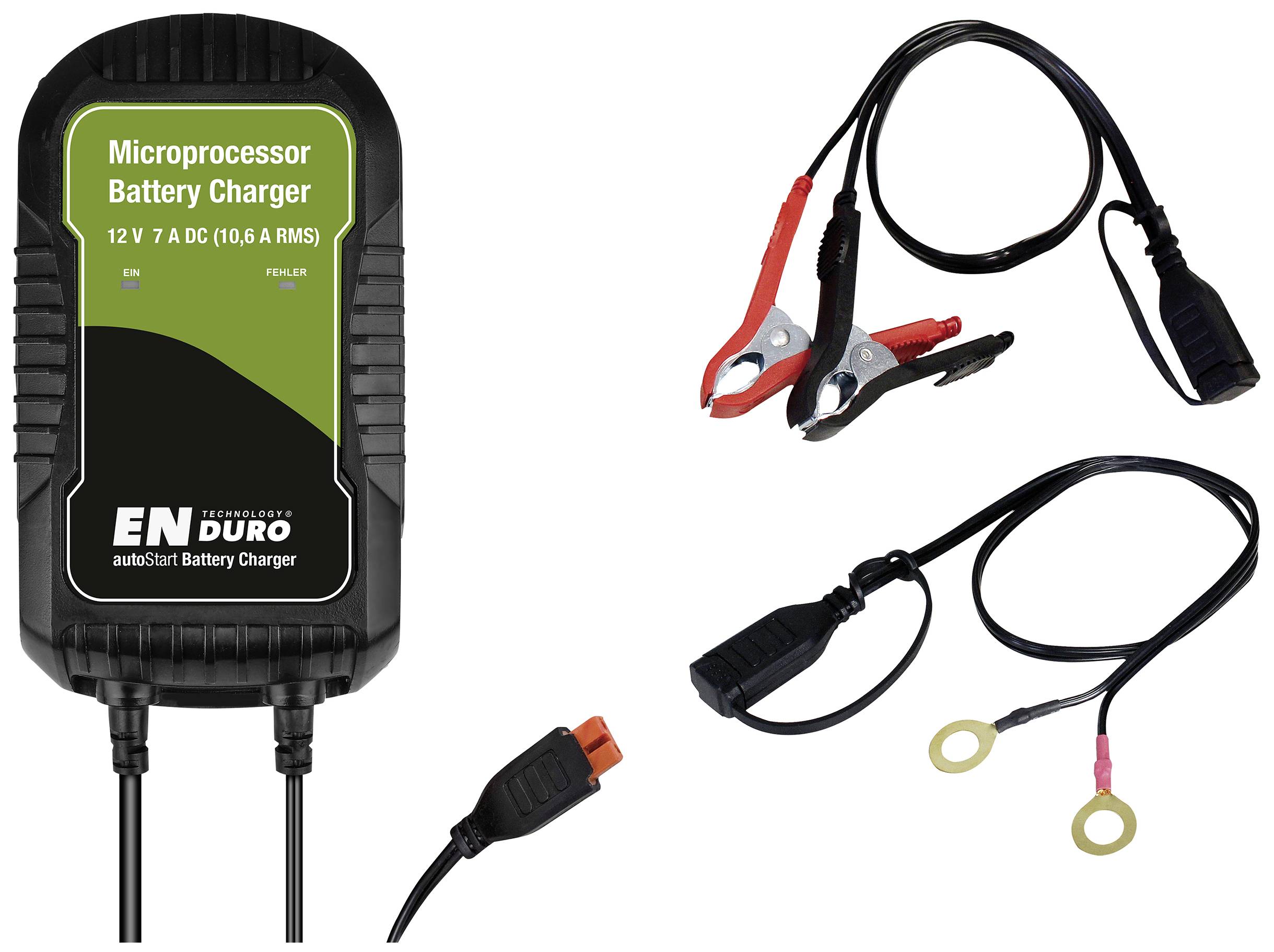 'ENDURO' Batterilader med mikroprocessor, display 12V 7A DC. Inklusiv klemmekabler og ringkabler til forskellige tilslutningsmuligheder.