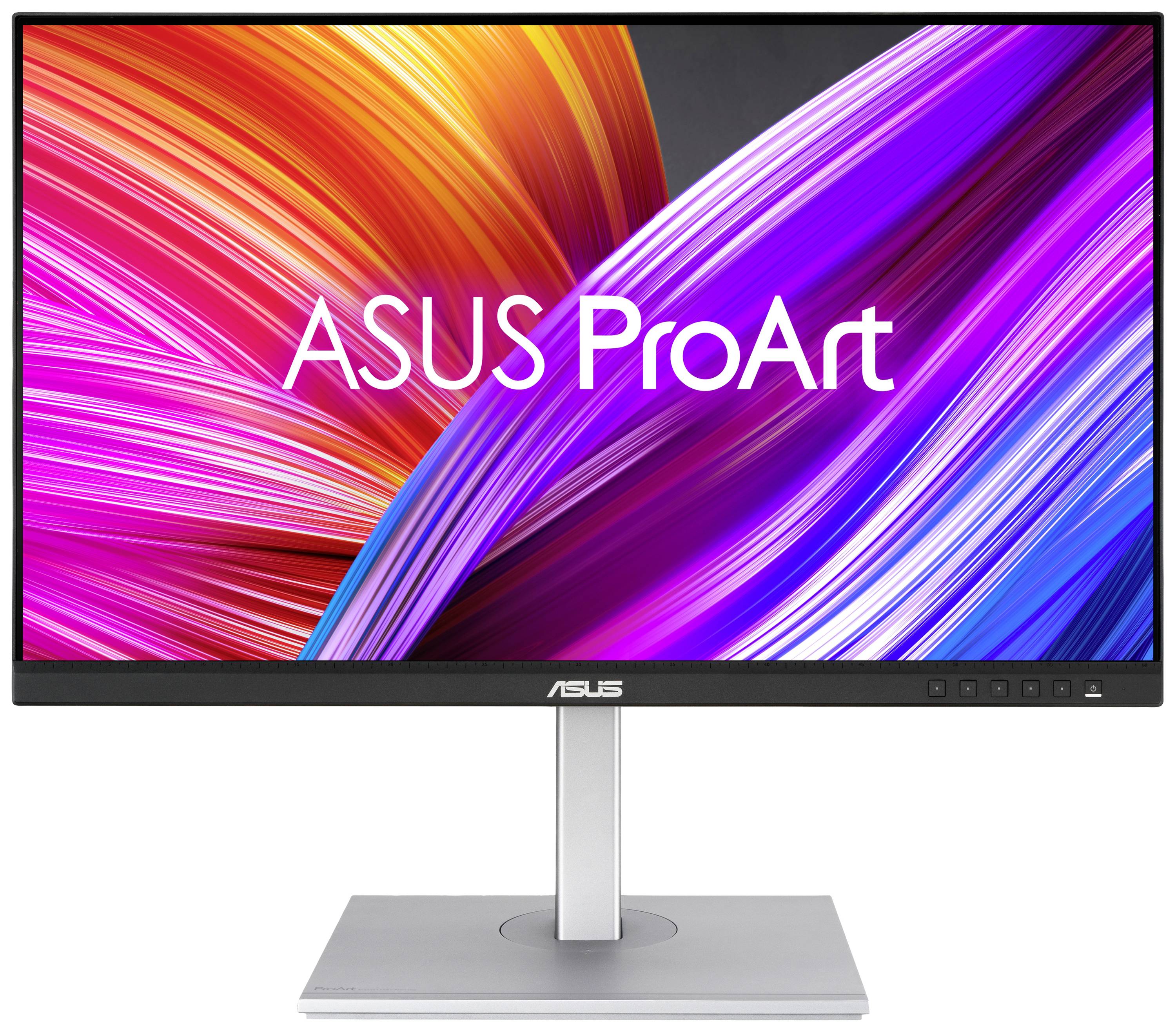 Asus ProArt-skærm med farverig, abstrakt baggrund på skærmen. Elegant design med robust fod.