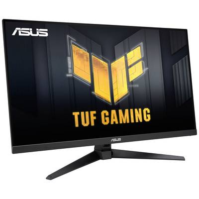 En ASUS TUF Gaming-skærm med stor skærm og moderne design, perfekt til gaming og arbejde med et lysende logo i midten.