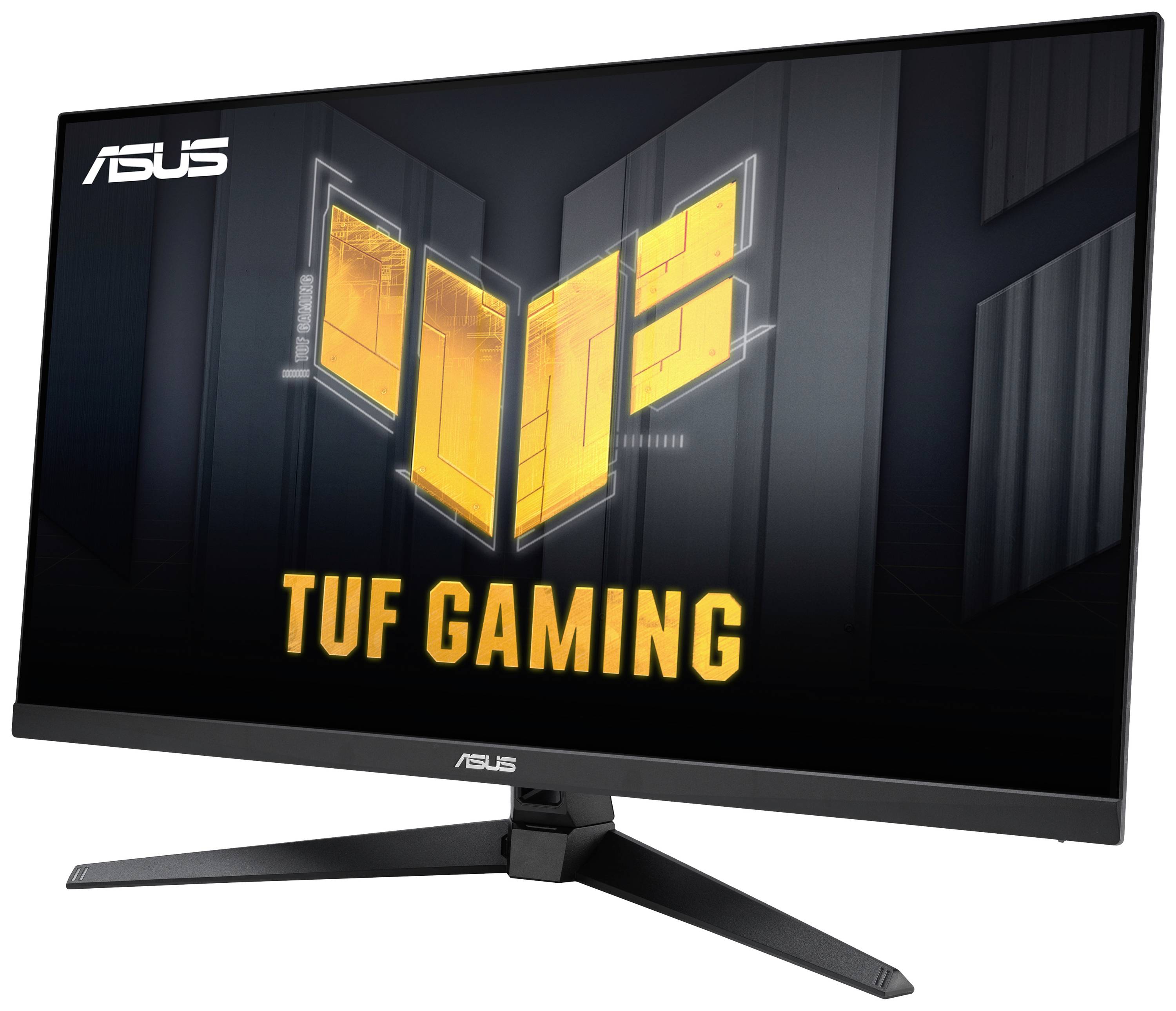 En sort ASUS TUF Gaming-skærm med et lysende gult logo på skærmen, monteret på en trekantet fod.