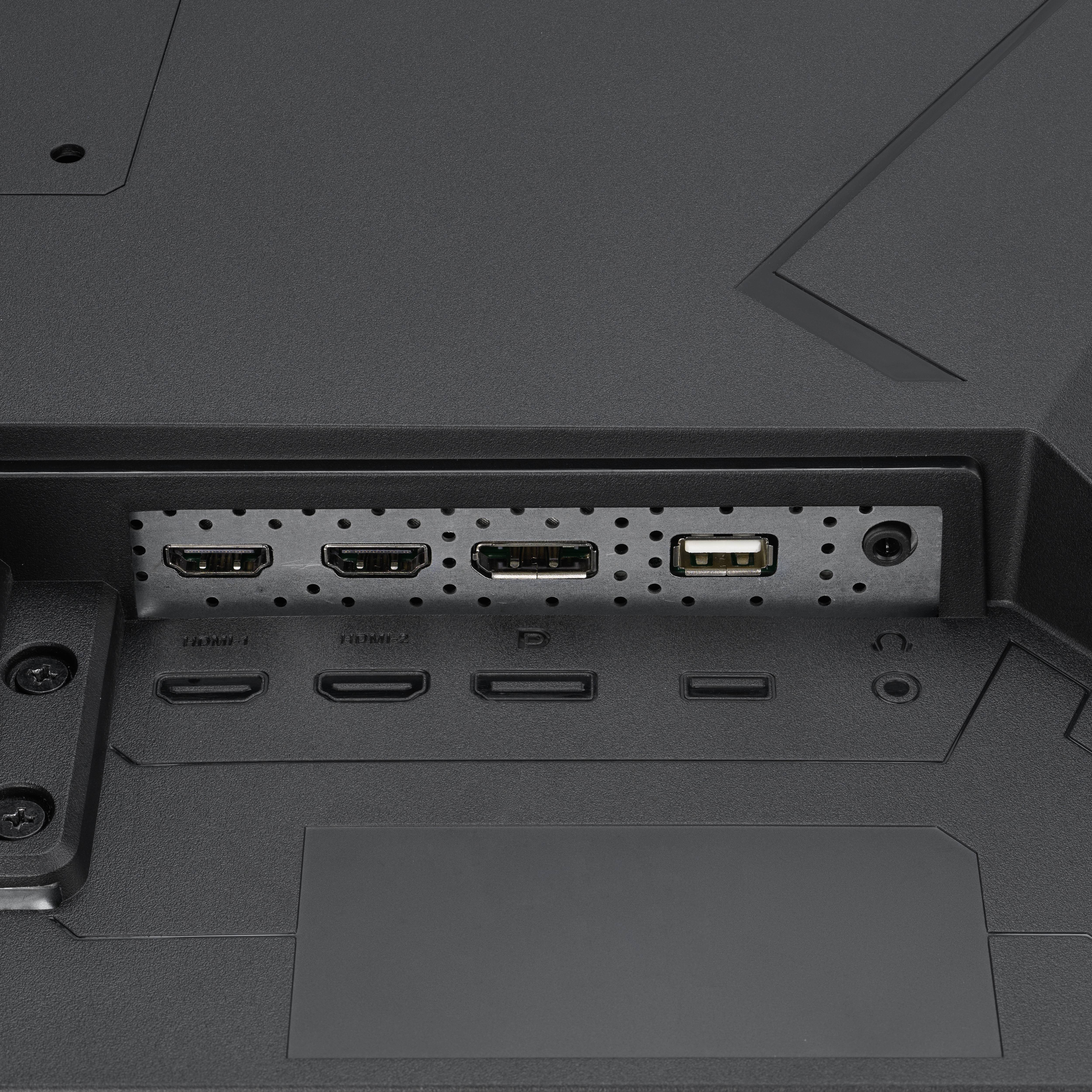 Flere tilslutninger på bagsiden af en skærm, herunder to HDMI-porte, en DisplayPort og en USB-port.