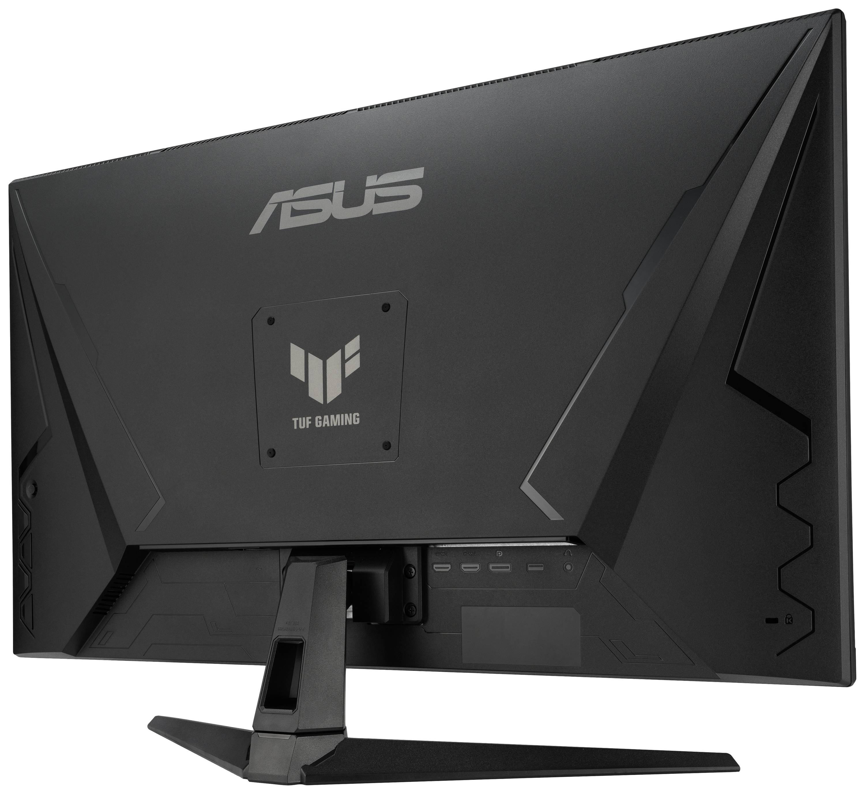 En sort ASUS TUF Gaming-skærm set bagfra, der viser designet af foden og TUF-logoet på bagsiden.