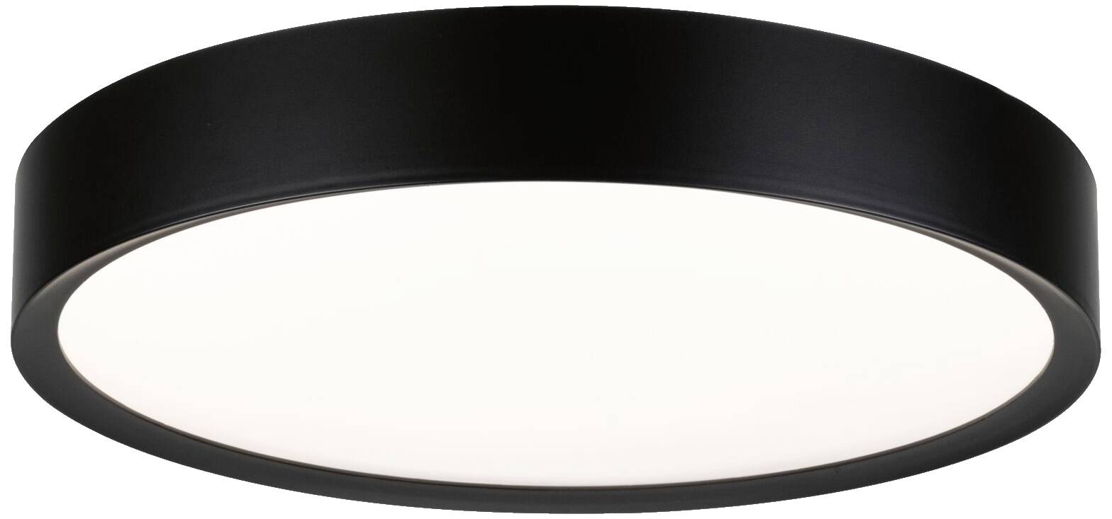 En rund, sort loftslampe med hvid lysoverflade lyser jævnt og er velegnet til moderne interiører.