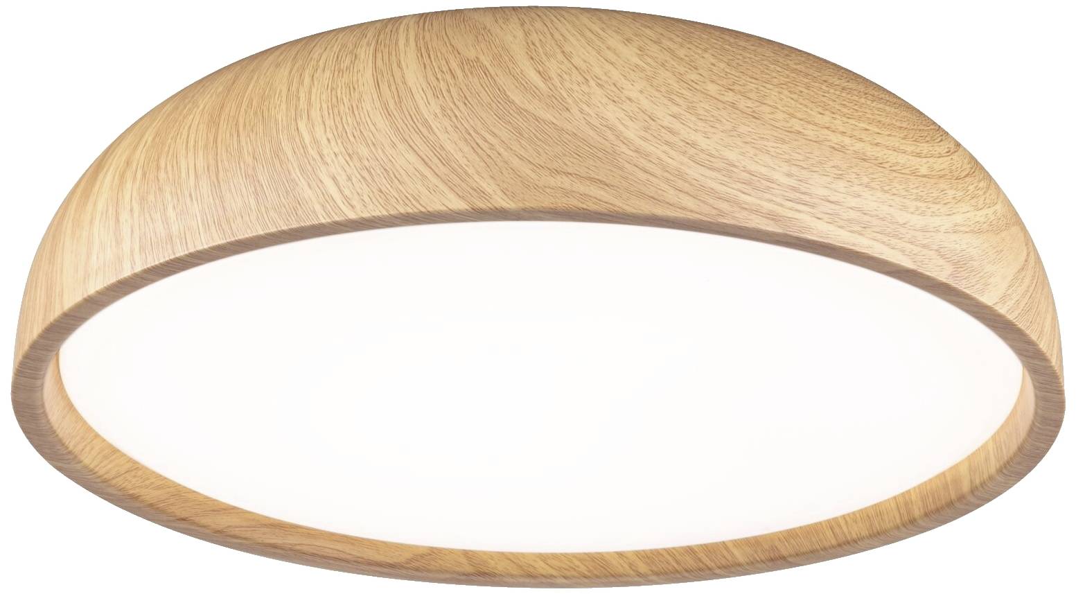 Rund loftlampe med trædesign og hvid diffuser. Enkelt design, velegnet til stue eller arbejdsområde.