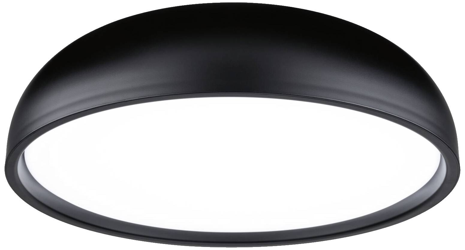 En rund, sort loftslampe med en hvid diffuser i midten, som lyser jævnt.