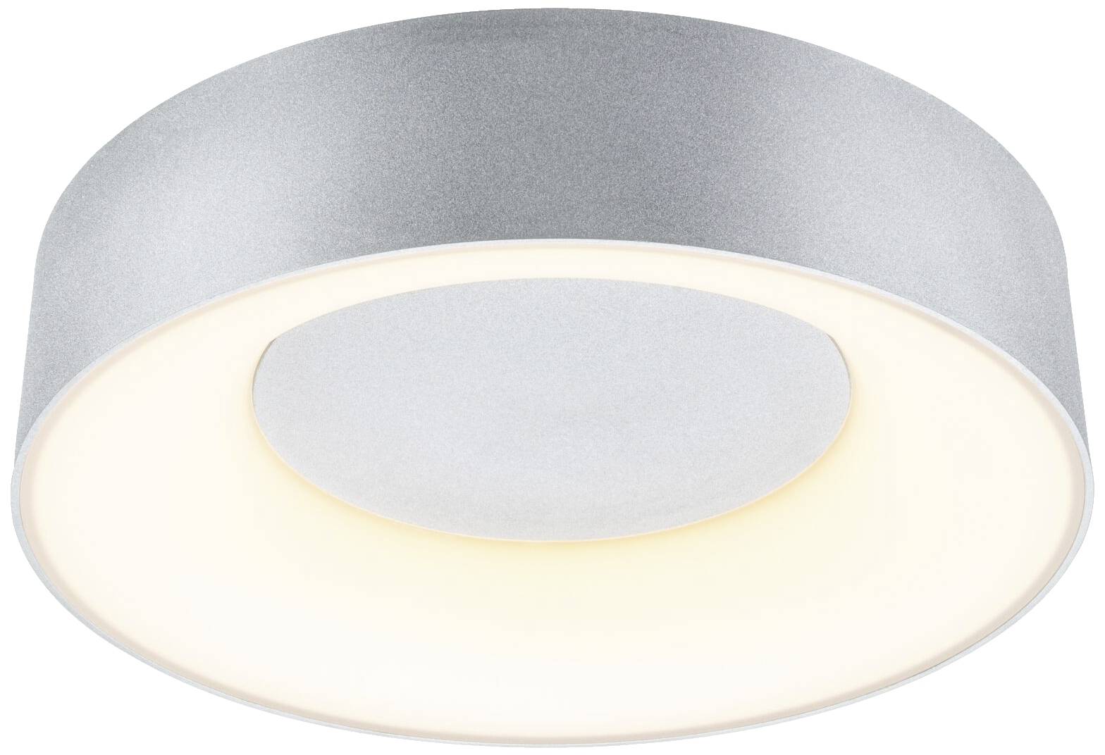 Rund loftslampe med grå ramme og varmt hvidt lys i midten; moderne design til indendørs rum.