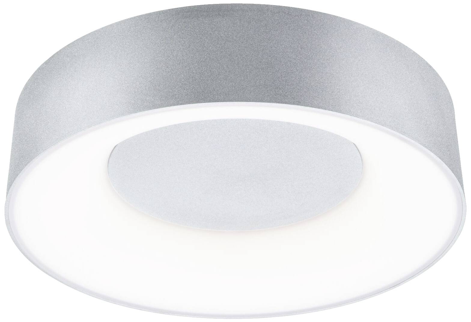 Rund loftslampe med grå ramme og en stor, central lysdiffuser, der udsender blødt, ensartet lys.