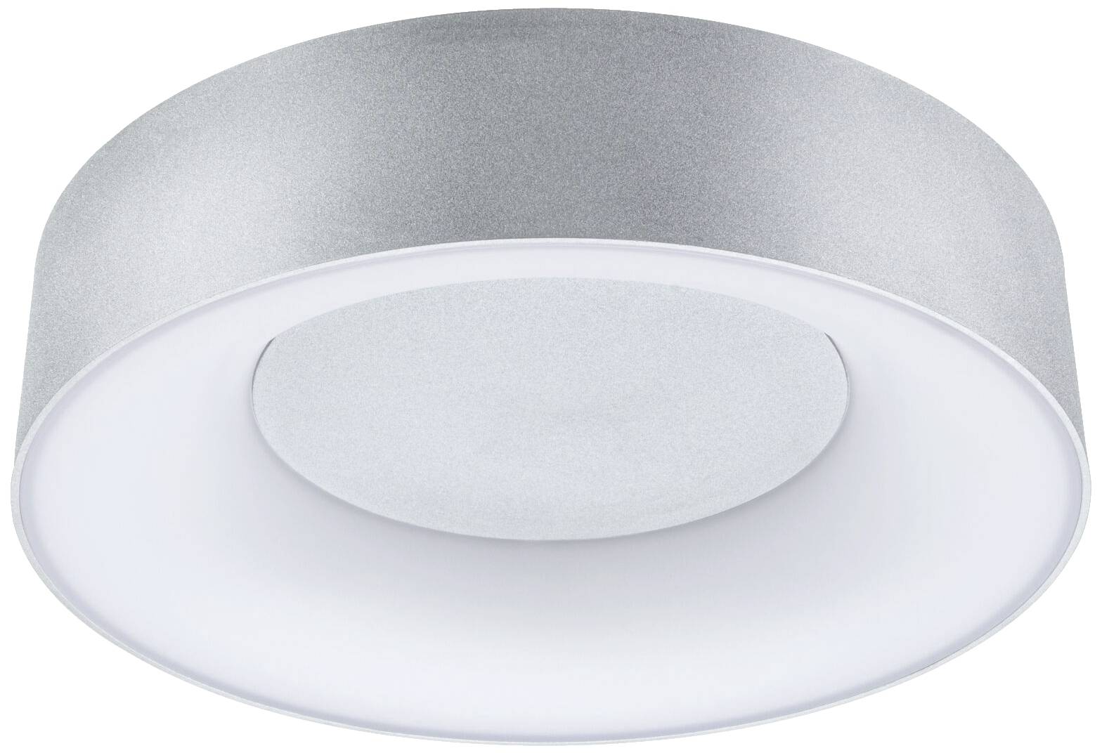 En rund, flad loftslampe i metal med et blødt, ensartet lysskær.