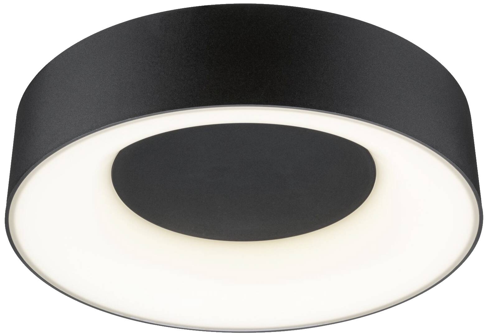 Sort, rund loftslampe med hvid diffuser i midten, sørger for ensartet belysning af et rum.
