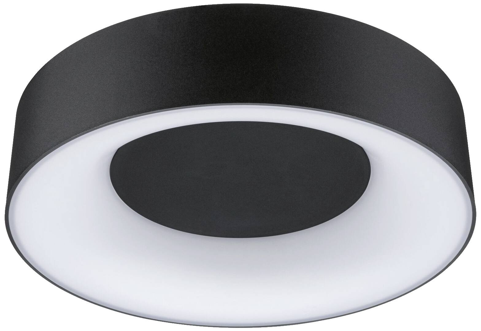 Sort rund loftlampe med hvidt lysende centrum, moderne design, ideel til samtidsindretning.