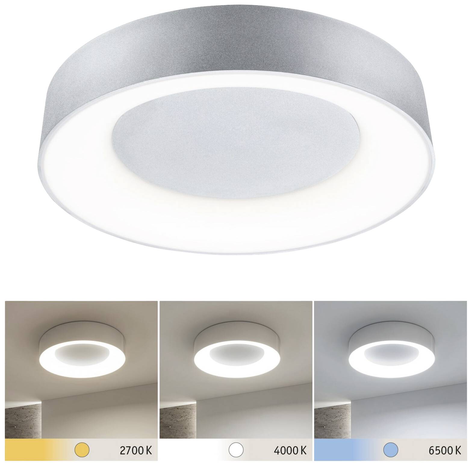 Loftlampe med tre farvetemperaturer: varmt gult (2700 K), neutralt hvidt (4000 K), køligt blåt (6500 K) vist.