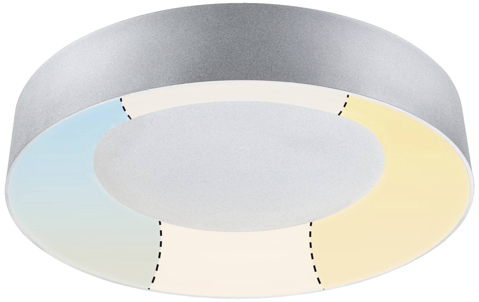 Rund loftslampe med segmenteret farvesammensætning i blå, hvid og beige. Perfekt til moderne boligrum til stemningsfuld belysning.