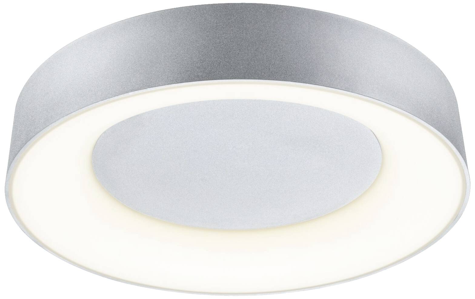 Rund loftlampe med sølvramme og hvid lysdiffuser, som sørger for ensartet rumbelysning.