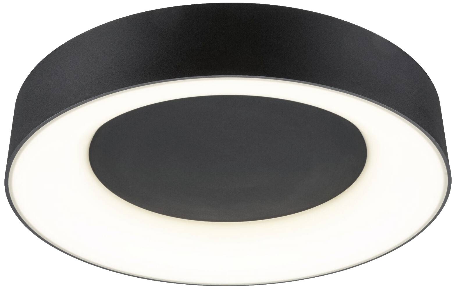 En rund, sort loftslampe med en lysende, hvid kant i midten. Den har et moderne, minimalistisk design.