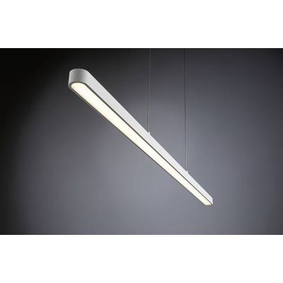 En moderne, aflang loftslampe med varmt hvidt LED-lys, der hænger ned fra loftet ved hjælp af to kabler.