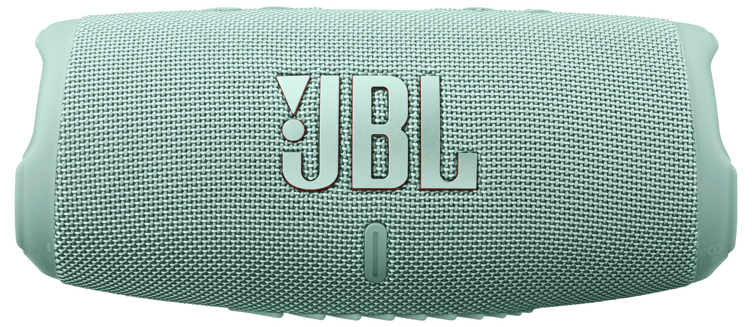 En bærbar, turkisfarvet højtaler med JBL-logo i midten.