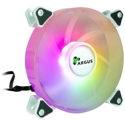 En farverig, lysende ventilator med logoet 'ARGUS' i midten, omgivet af beslag, foran en hvid baggrund.