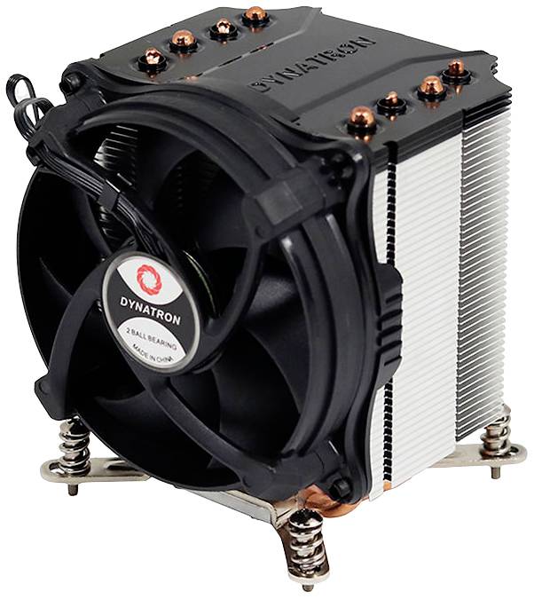En sort CPU-køler med ventilator og køleribber af aluminium. Kobber-heatpipes er synlige, soklen har fjederskruer.